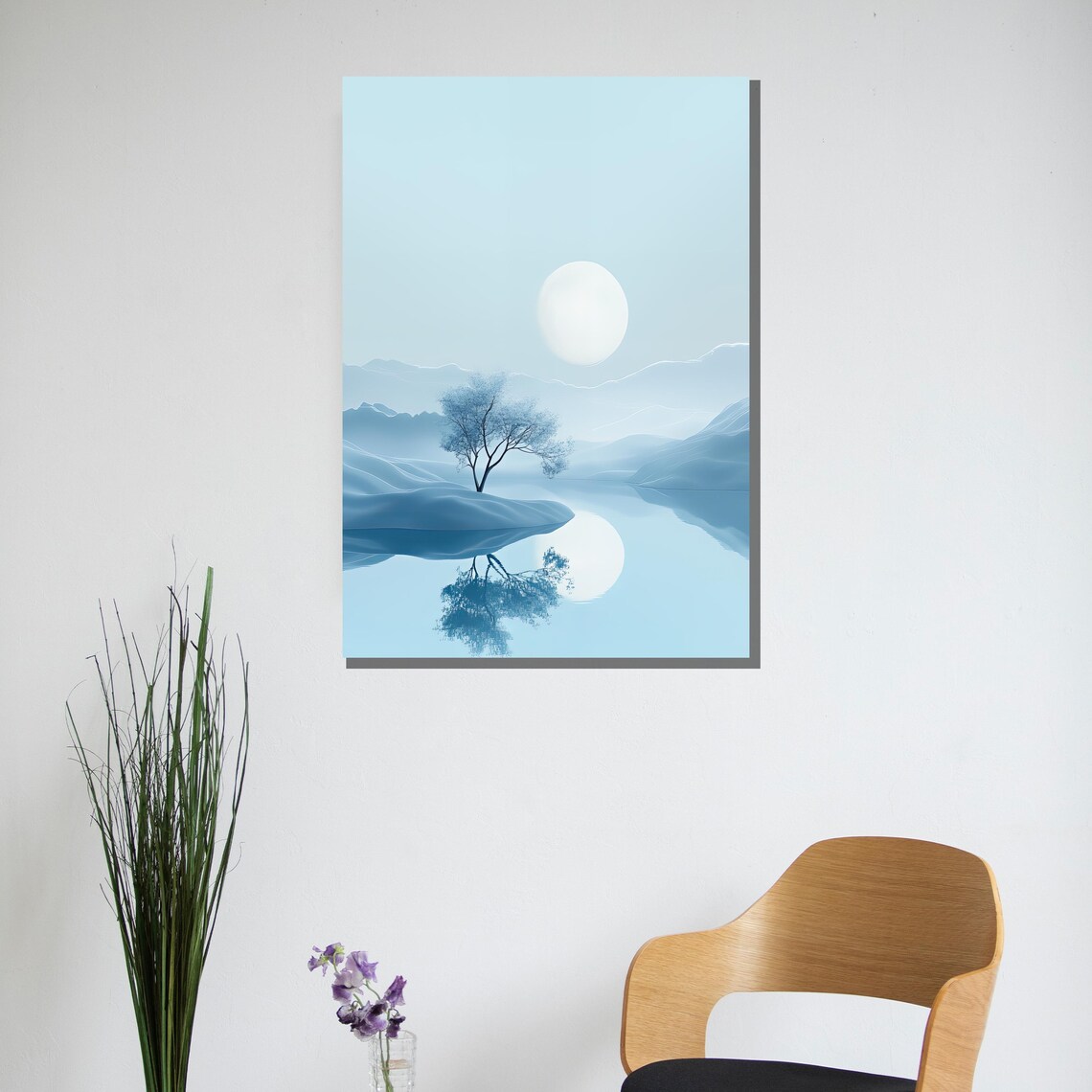 Serene Moonlight Blue Lake Misty Mountains Landscape Art Poster - Image 2