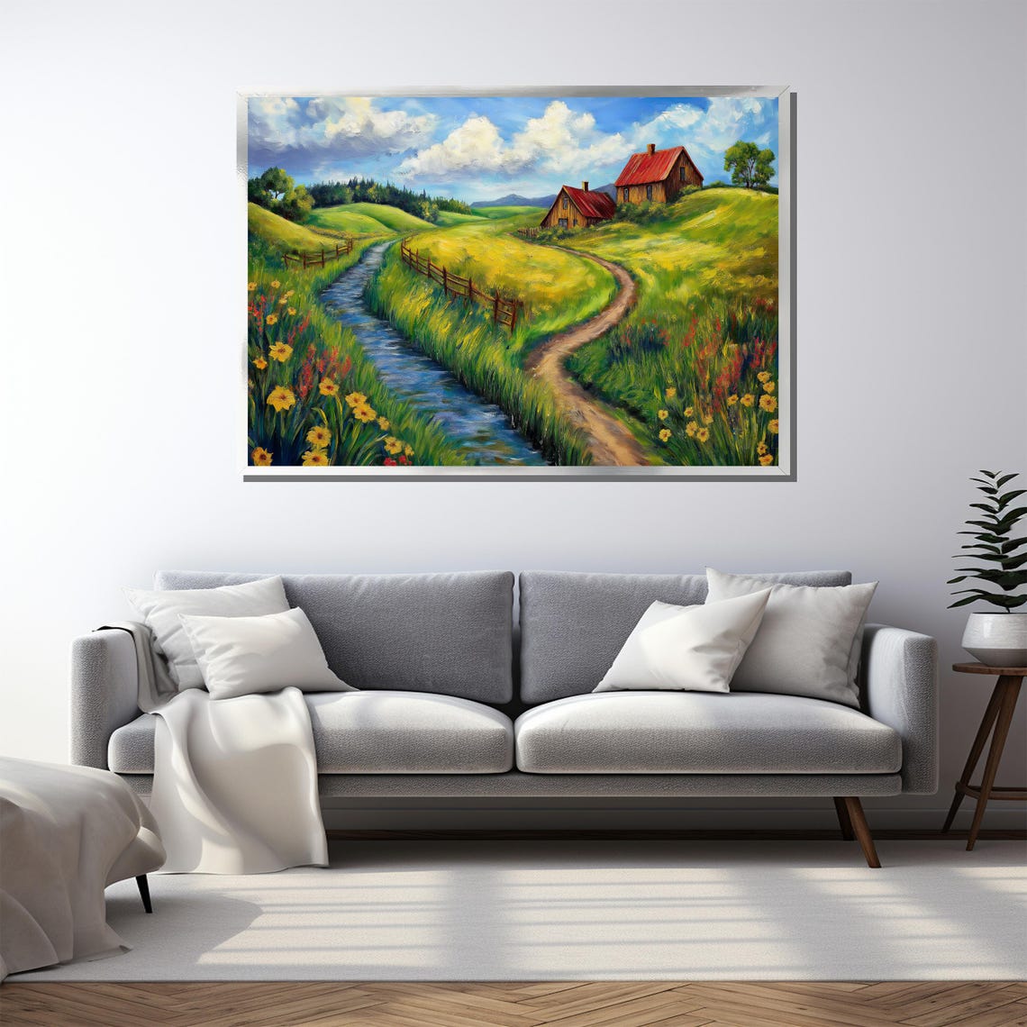Red Roof Barns On Rolling Green Hills Stream Country Art Poster - Image 3