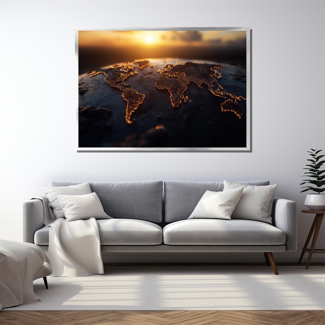 Golden Glowing World Map Earth Sunrise Modern Travel Wall Poster - Image 4