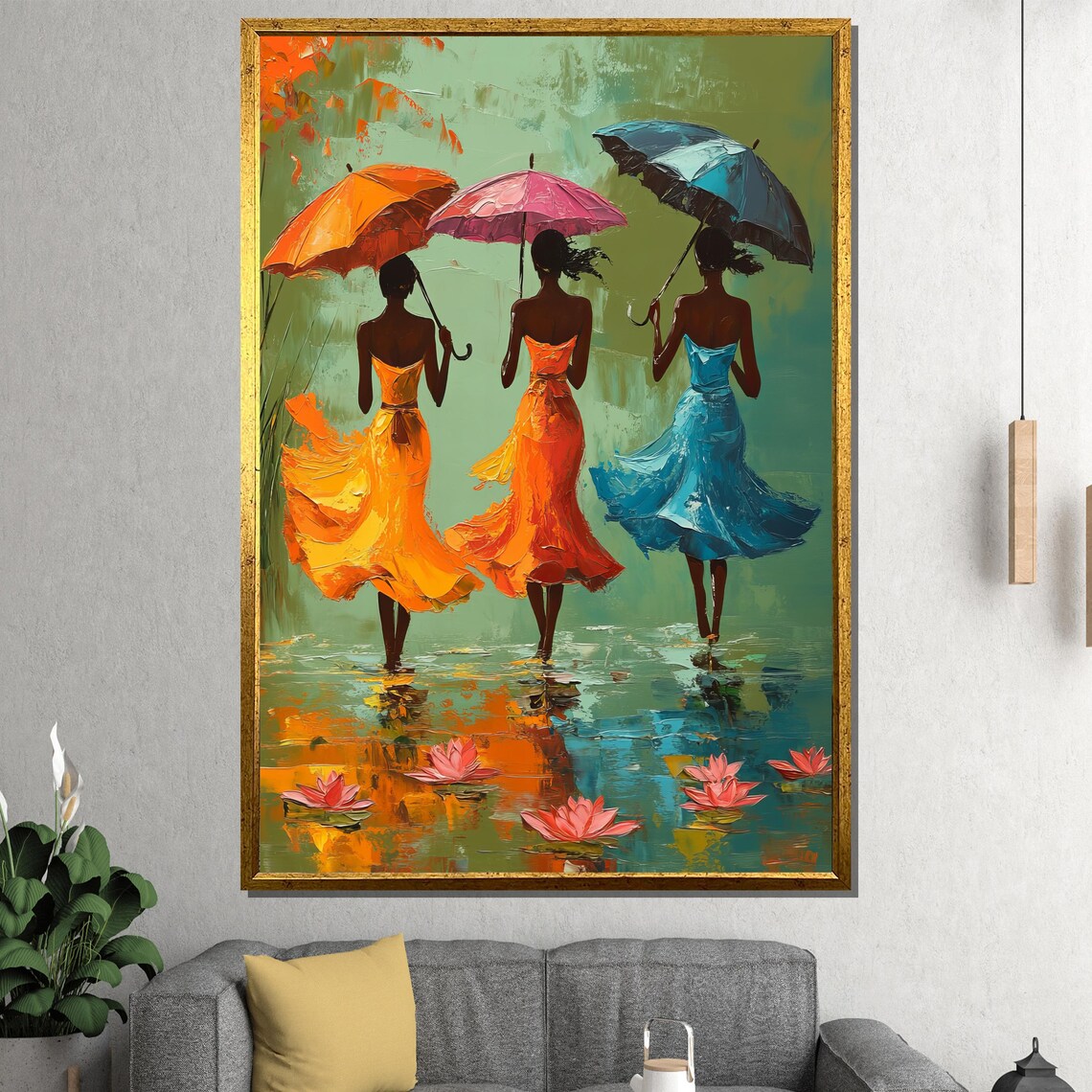 Three Women Colorful Umbrellas Rain Lotus Reflections Art Print