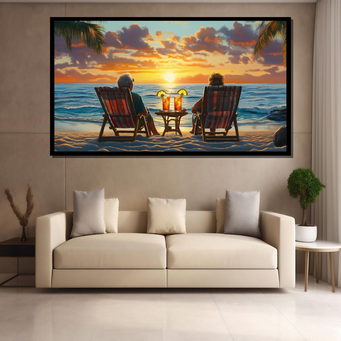 Romantic Couple Watching Beach Sunset Ocean Chairs Art Poster - Image 4