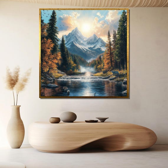 Mountain River Painting Scenic Forest And Waterfall Wall Art For Living Room Nature Inspired Gift For Home Decor Lovers