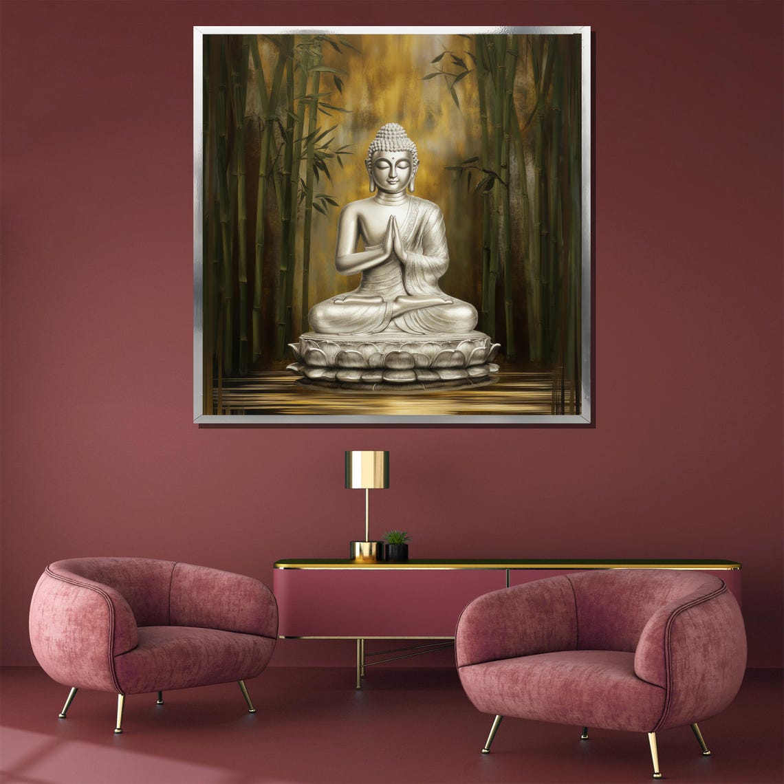 Silver Buddha Statue on a Lotus Among Golden Bamboo Forest Poster - Image 3