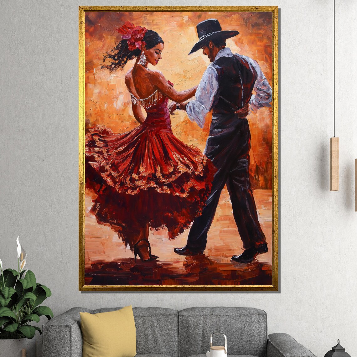 Passionate Flamenco Dancers in Red Dress Warm Oil Painting Poster