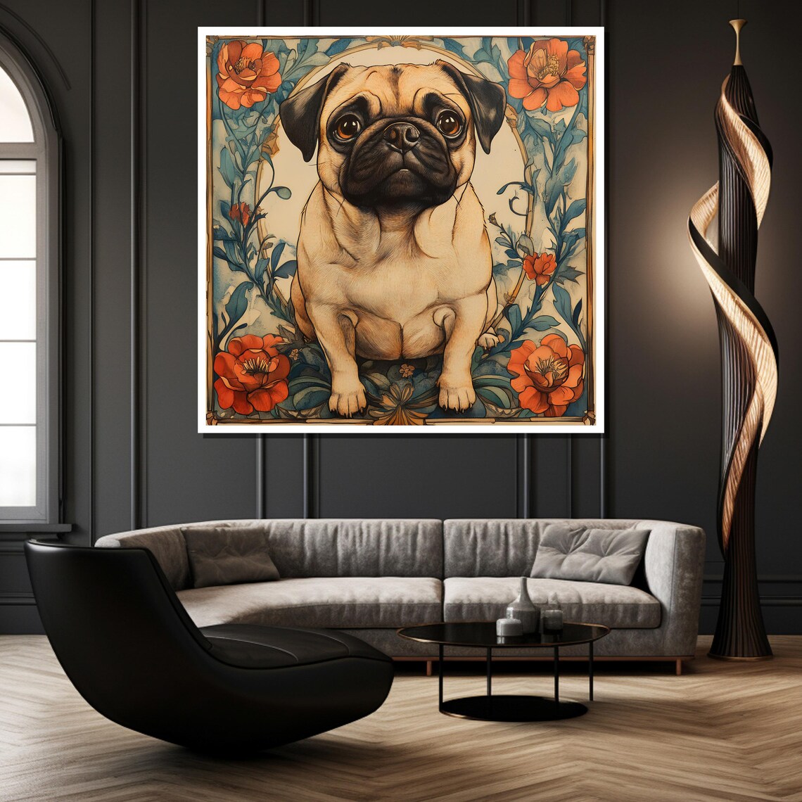 Adorable Pug Puppy Framed By An Art Nouveau Floral Design Poster - Image 2