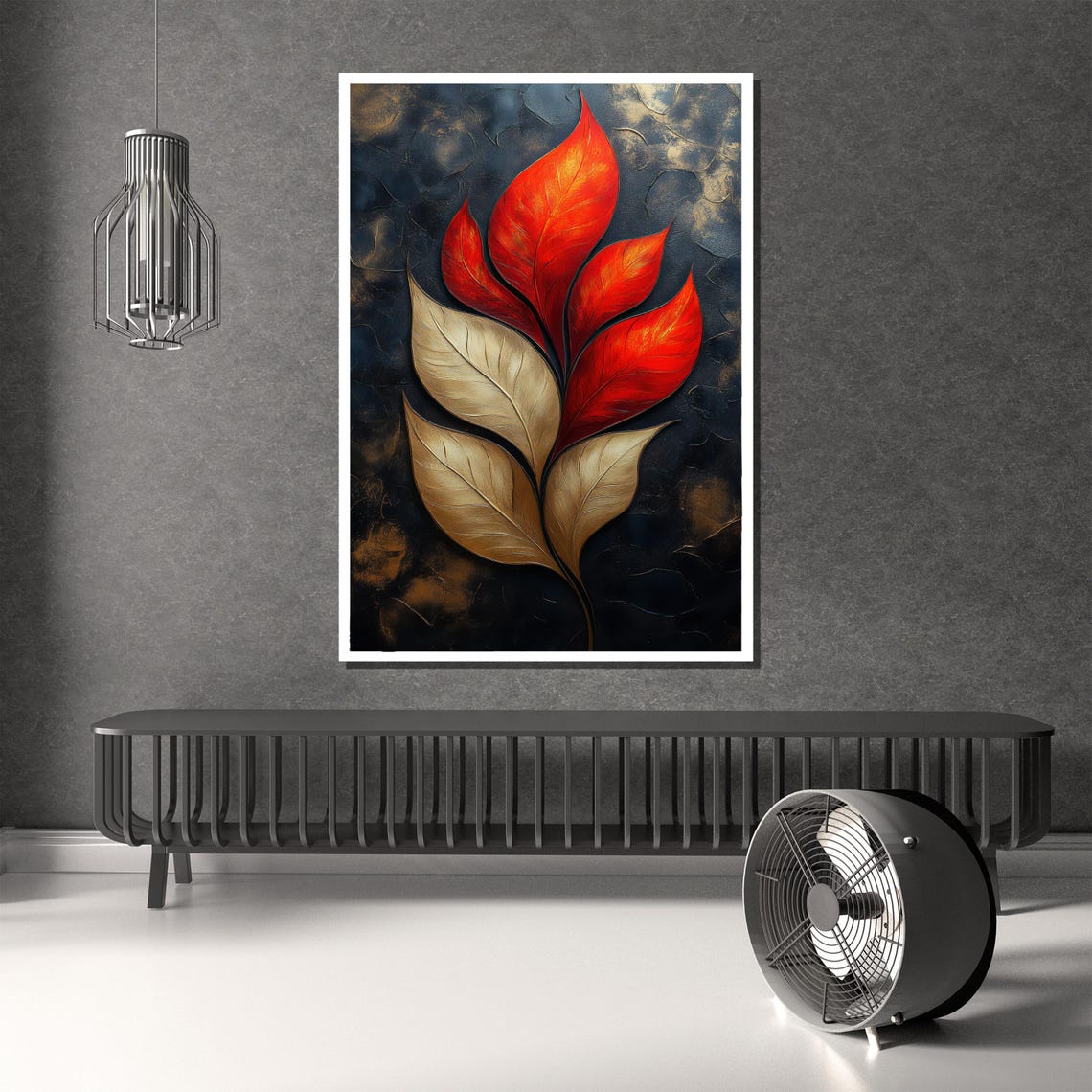 Fiery Red And Gold Leaf Flames On Dark Moody Textured Art Poster - Image 2