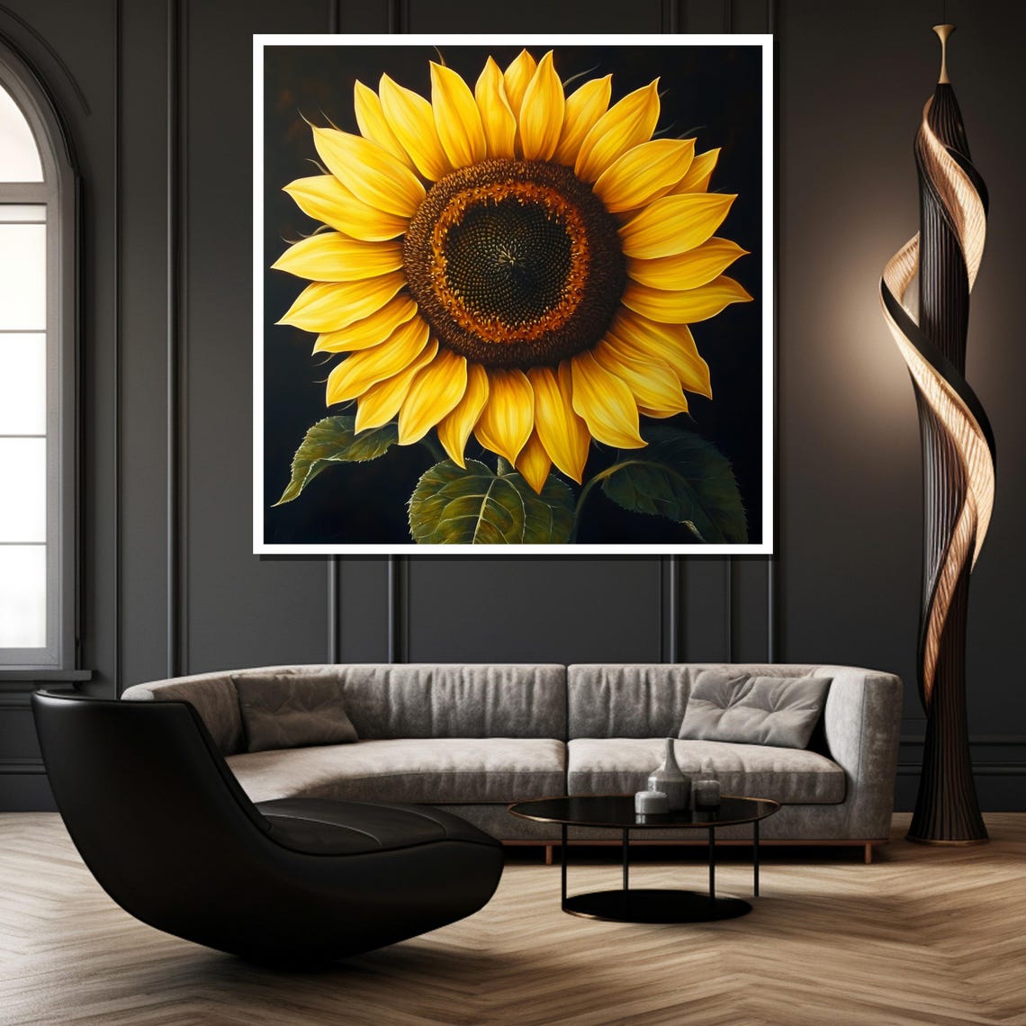 Giant Sunflower Bloom On Black Bold Floral Statement Art Poster - Image 2