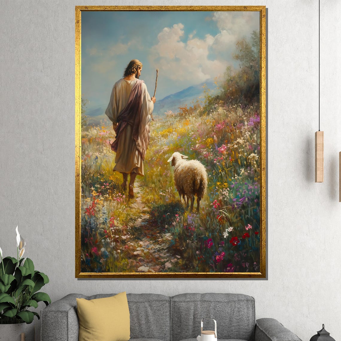 Jesus the Good Shepherd Walking with Lamb Flower Meadow Poster
