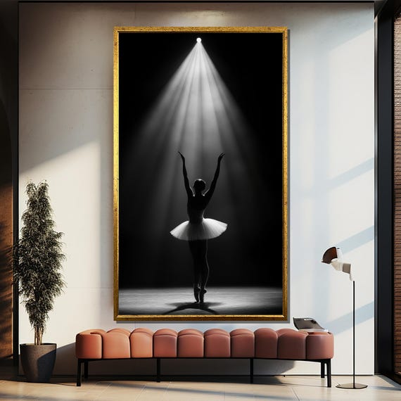 Ballerina Under Spotlight Painting Elegant Black And White Dance Wall Art For Ballet Lovers And Home Decor
