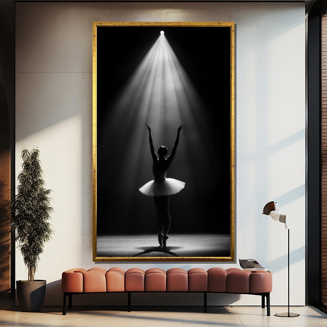 Ballerina Under a Single Spotlight in Black and White Poster