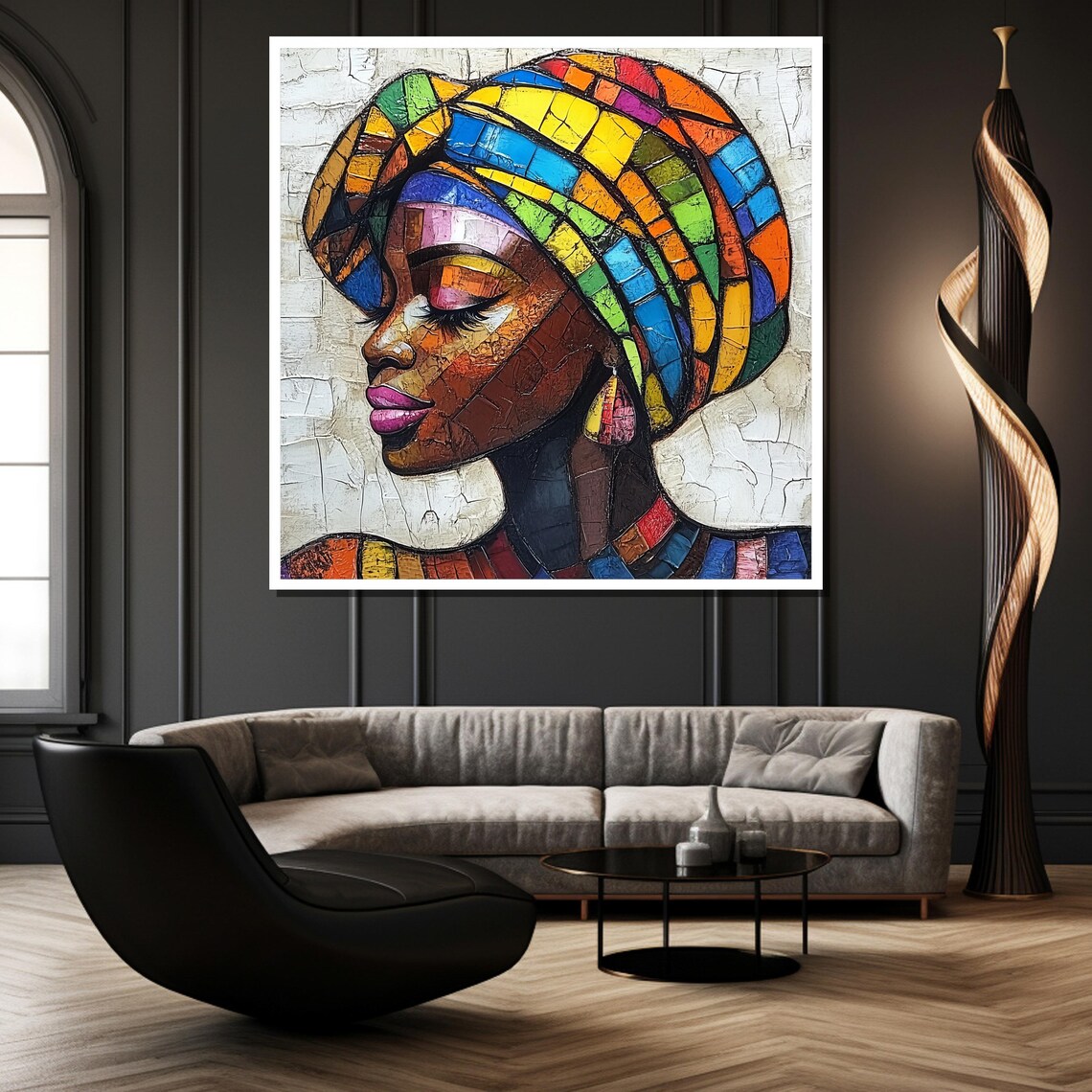 Rainbow Mosaic Woman Portrait on Crackled Ivory Texture Art Poster - Image 2