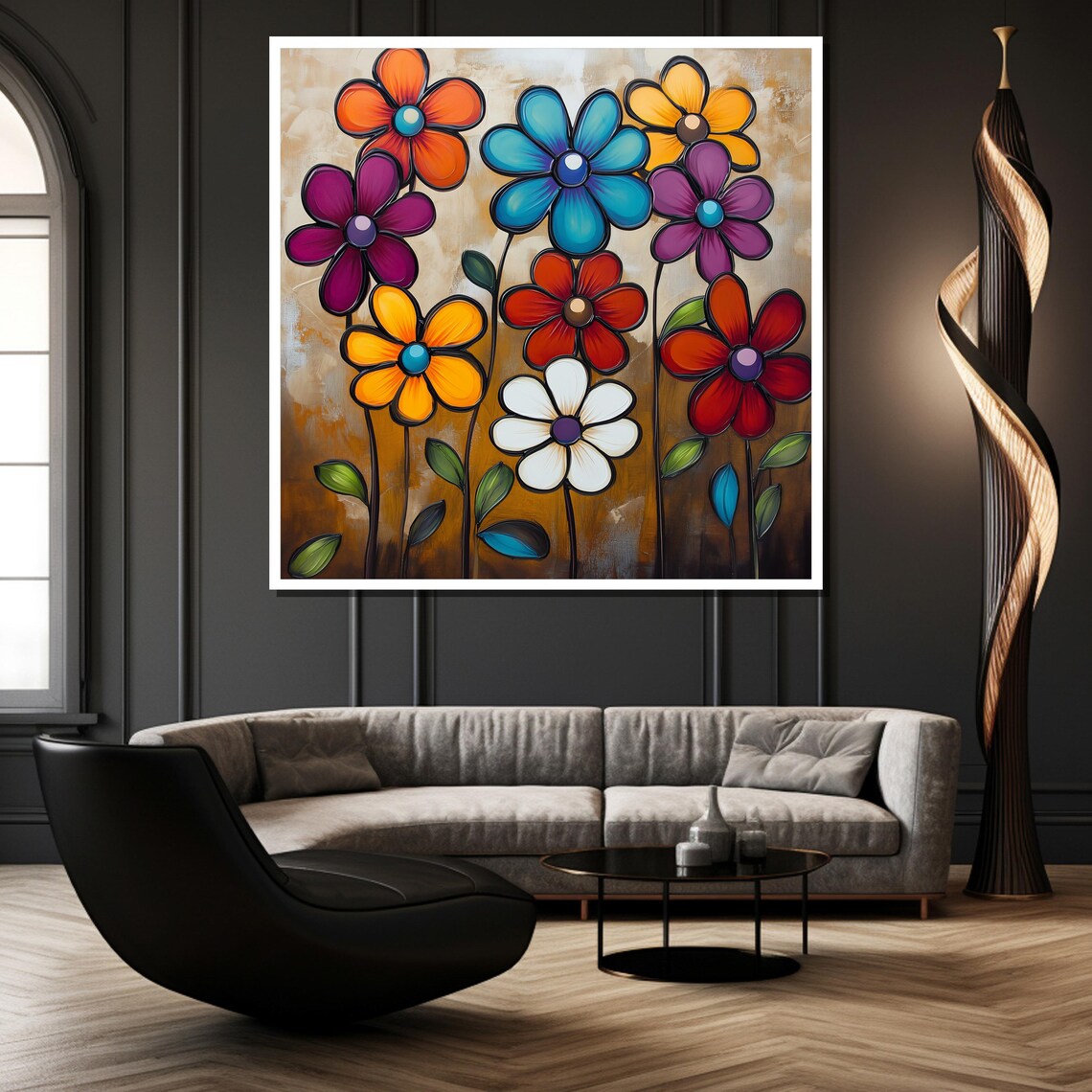 Bold Colorful Stylized Daisy Flowers On Golden Brown Art Poster - Image 2