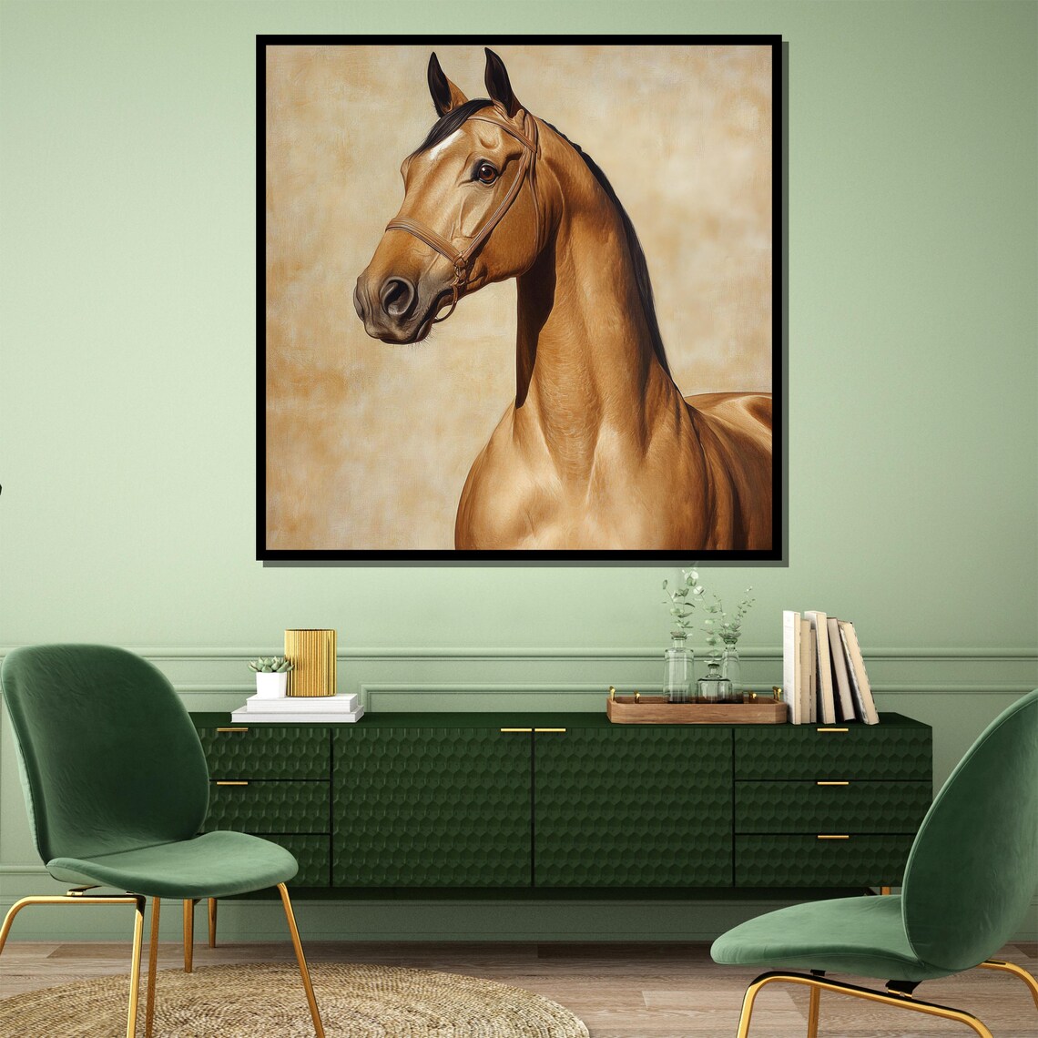Golden Horse Head Portrait on a Warm Beige Background Poster - Image 4