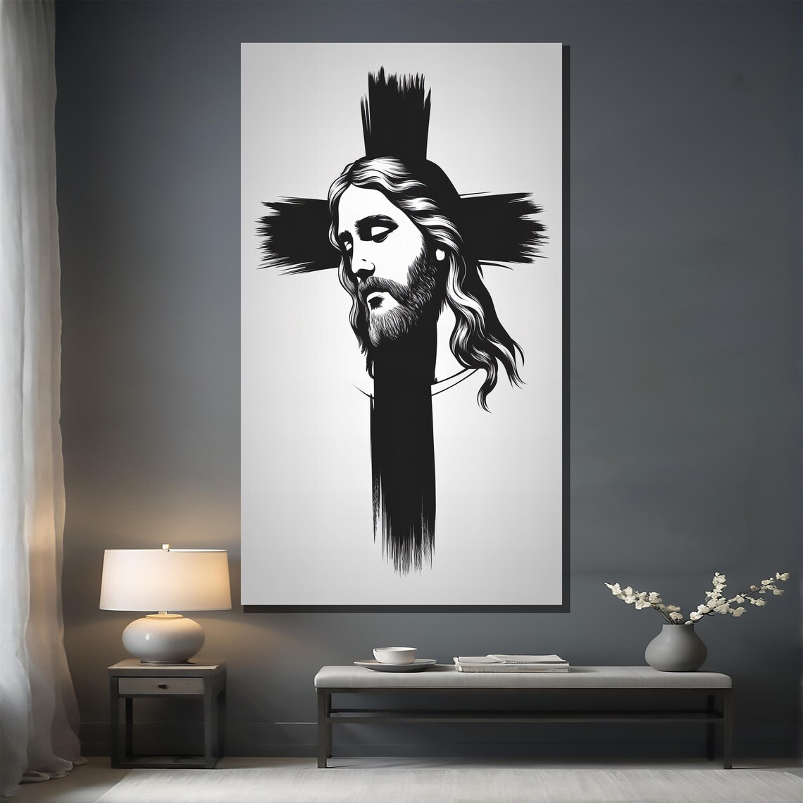 Minimalist Jesus Face Black and White Cross Modern Art Poster - Image 3