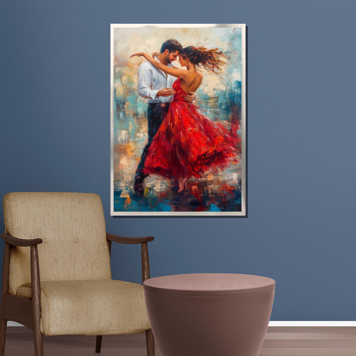 Romantic Couple Dance Red Dress Blue Abstract Painting Wall Poster - Image 3
