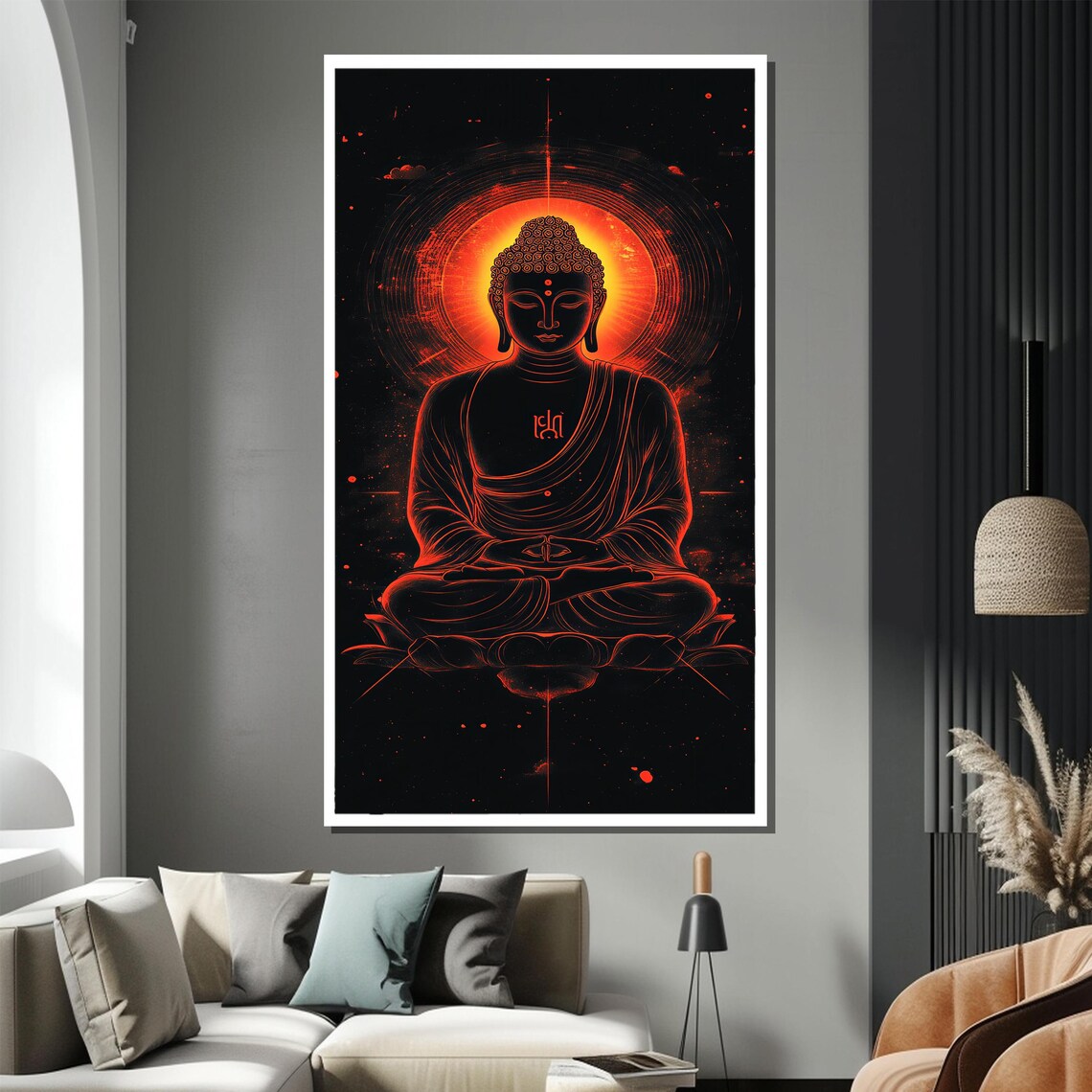 Red Neon Buddha Outline With Fiery Halo Dark Spiritual Poster - Image 2