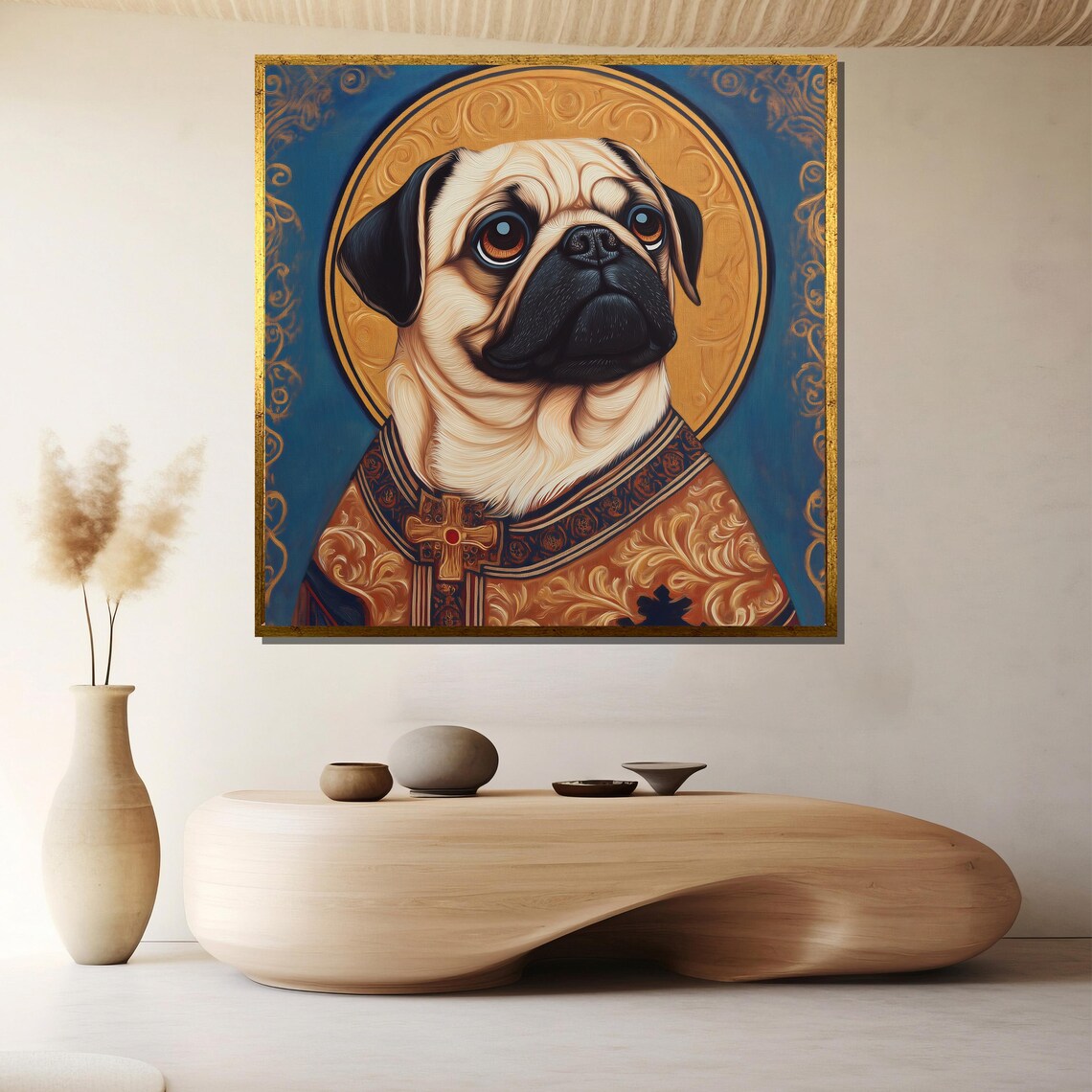 Royal Pug in Golden Robes with a Glowing Halo Funny Dog Poster