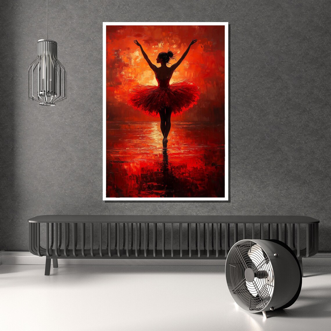Fiery Ballerina Silhouette in Red Tutu at Sunset Over Water Poster - Image 2