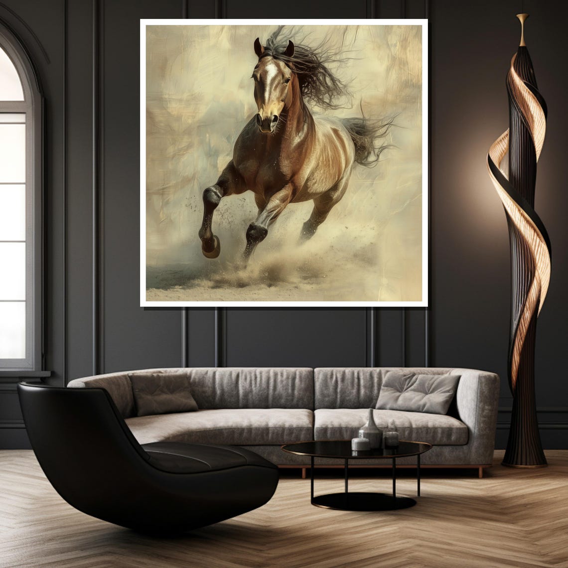 Brown Horse Galloping Through Soft Golden Dust Clouds Poster - Image 2