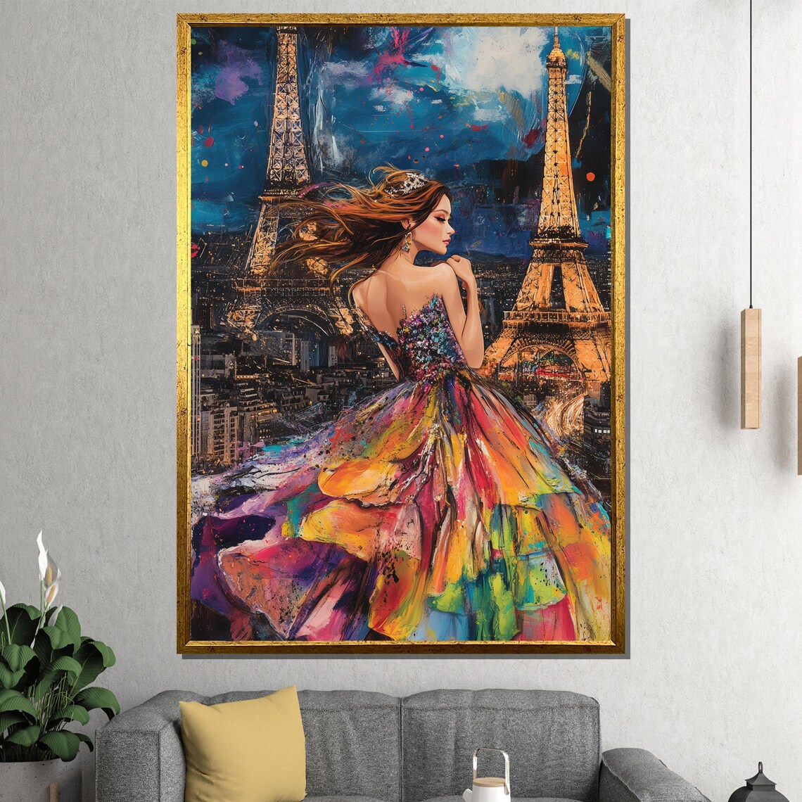 Parisian Night Woman In Colorful Gown Before Eiffel Tower Poster