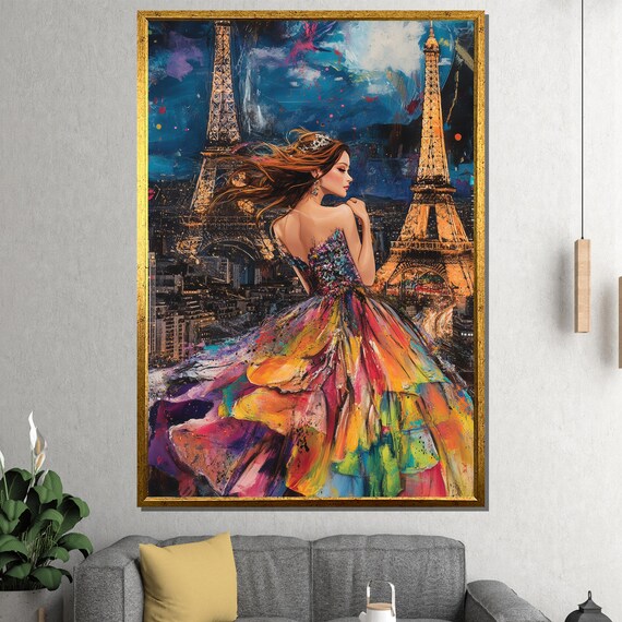 Parisian Night Woman In Colorful Gown Before Eiffel Tower Poster
