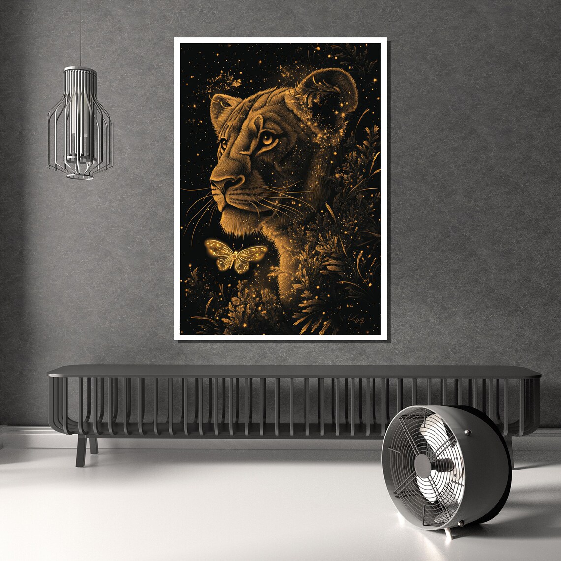Golden Lioness Portrait with a Glowing Butterfly Elegant Wildlife Poster - Image 2