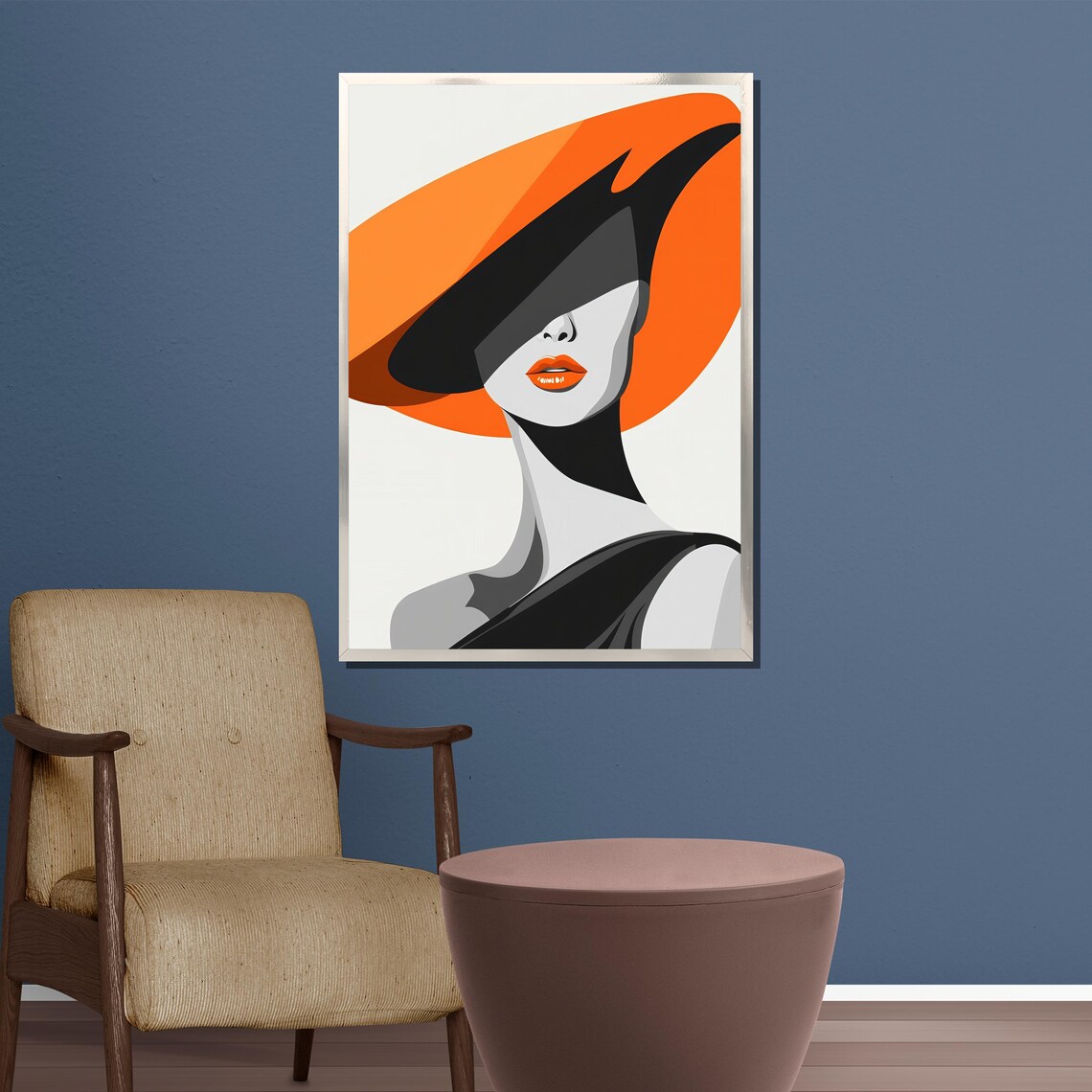 Bold Orange Hat Woman Minimalist Chic Fashion Graphic Wall Art - Image 4
