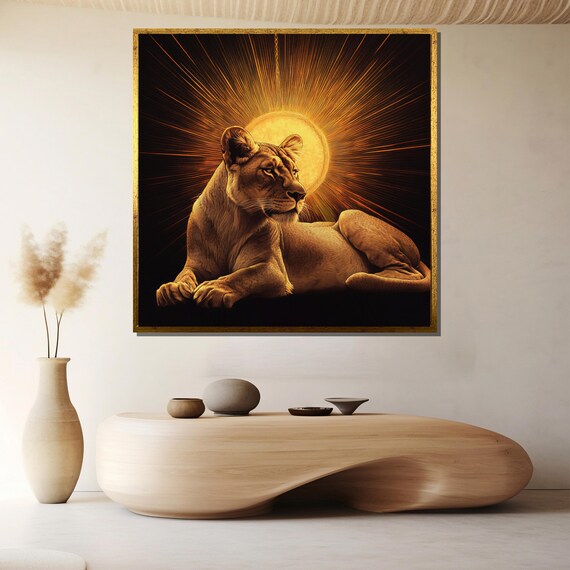 Reclining Lioness Before Radiant Sunburst Halo Golden Poster