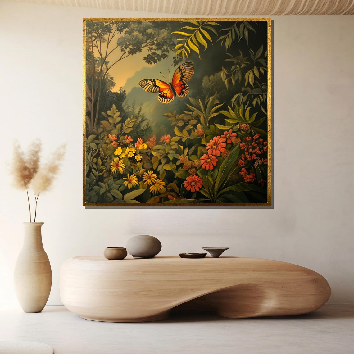 Vibrant Butterfly And Floral Painting In Lush Forest Scene Stunning Nature Wall Art And Unique Gift Idea