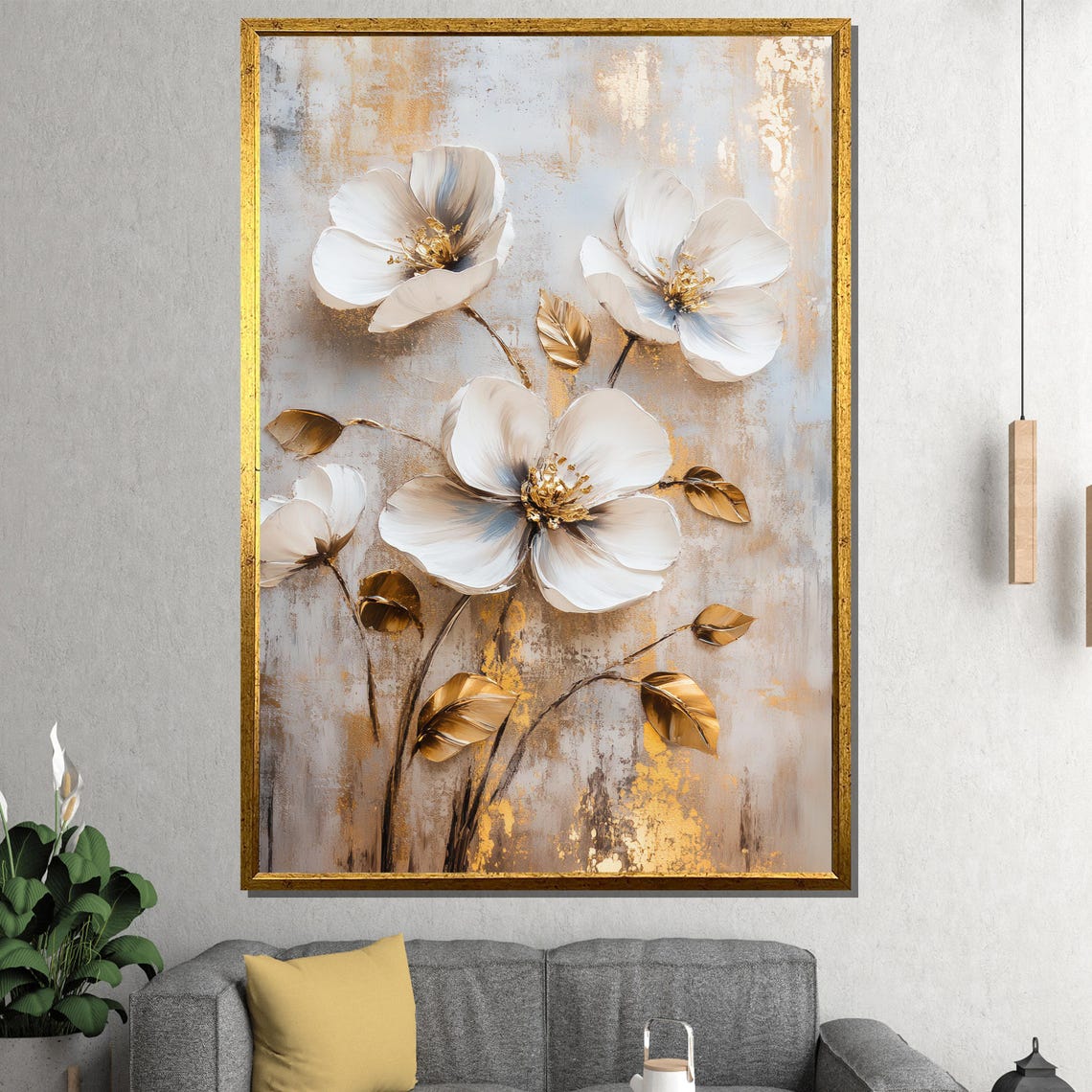 White Flowers Gold Leaf Floral Painting Luxurious Bedroom Wall Poster