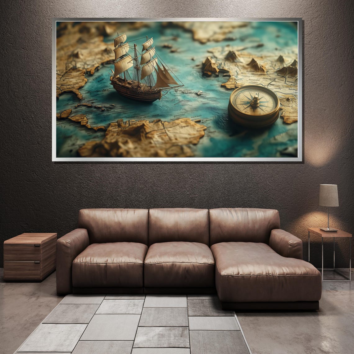 Antique Tall Ship Vintage World Map and Compass Nautical Poster - Image 3