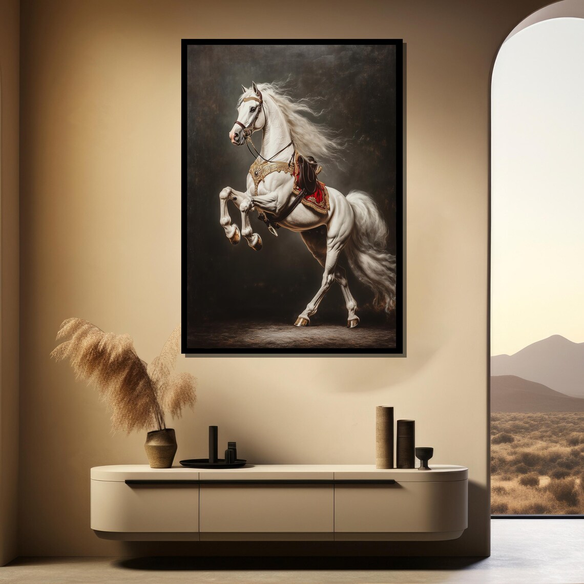 White Stallion Rearing in Ornate Gold Tack Baroque Horse Poster - Image 4