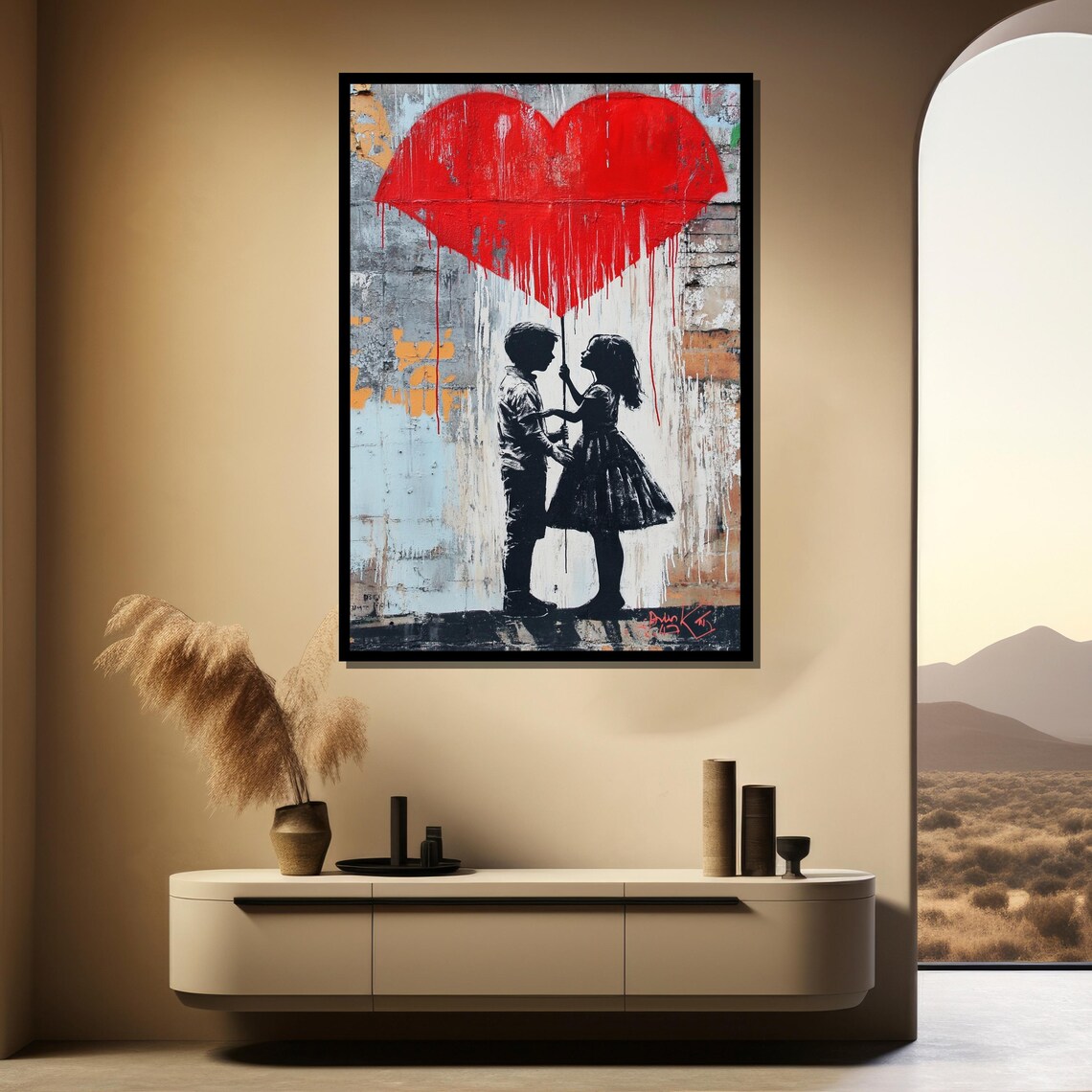 Romantic Couple Under a Giant Dripping Red Heart Street Art Poster - Image 4