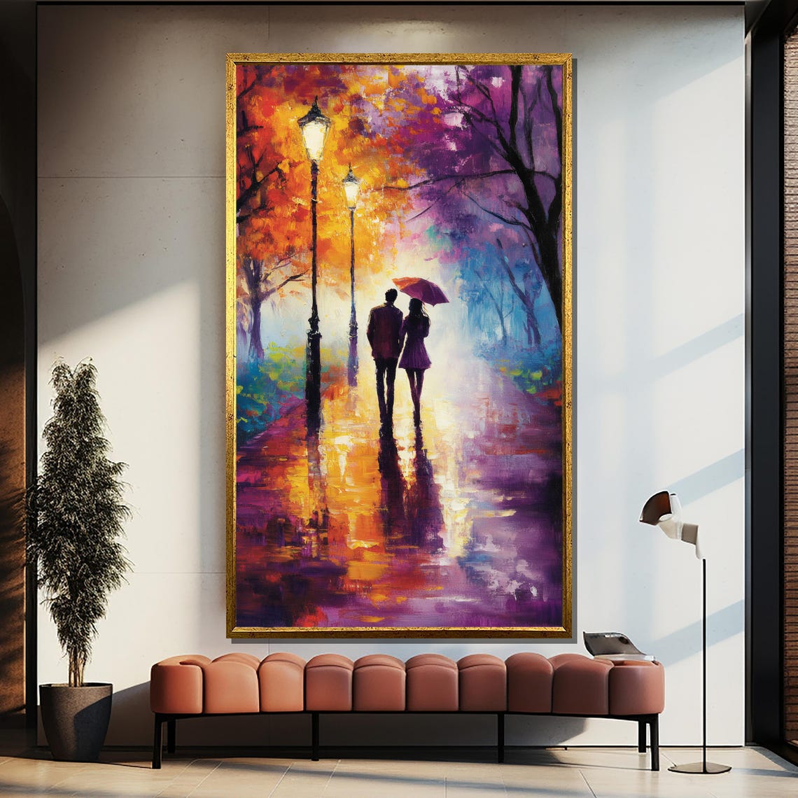 Romantic Rain Stroll Couple Sharing Umbrella Autumn Path Poster