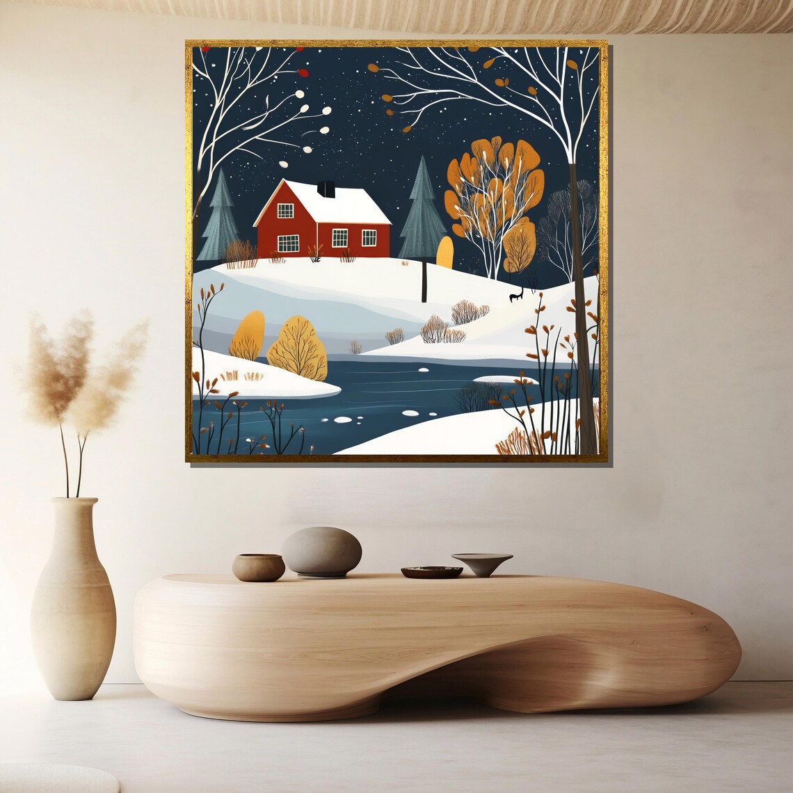 Red Barn Snowy Night Starlit Winter Landscape Scene Art Poster