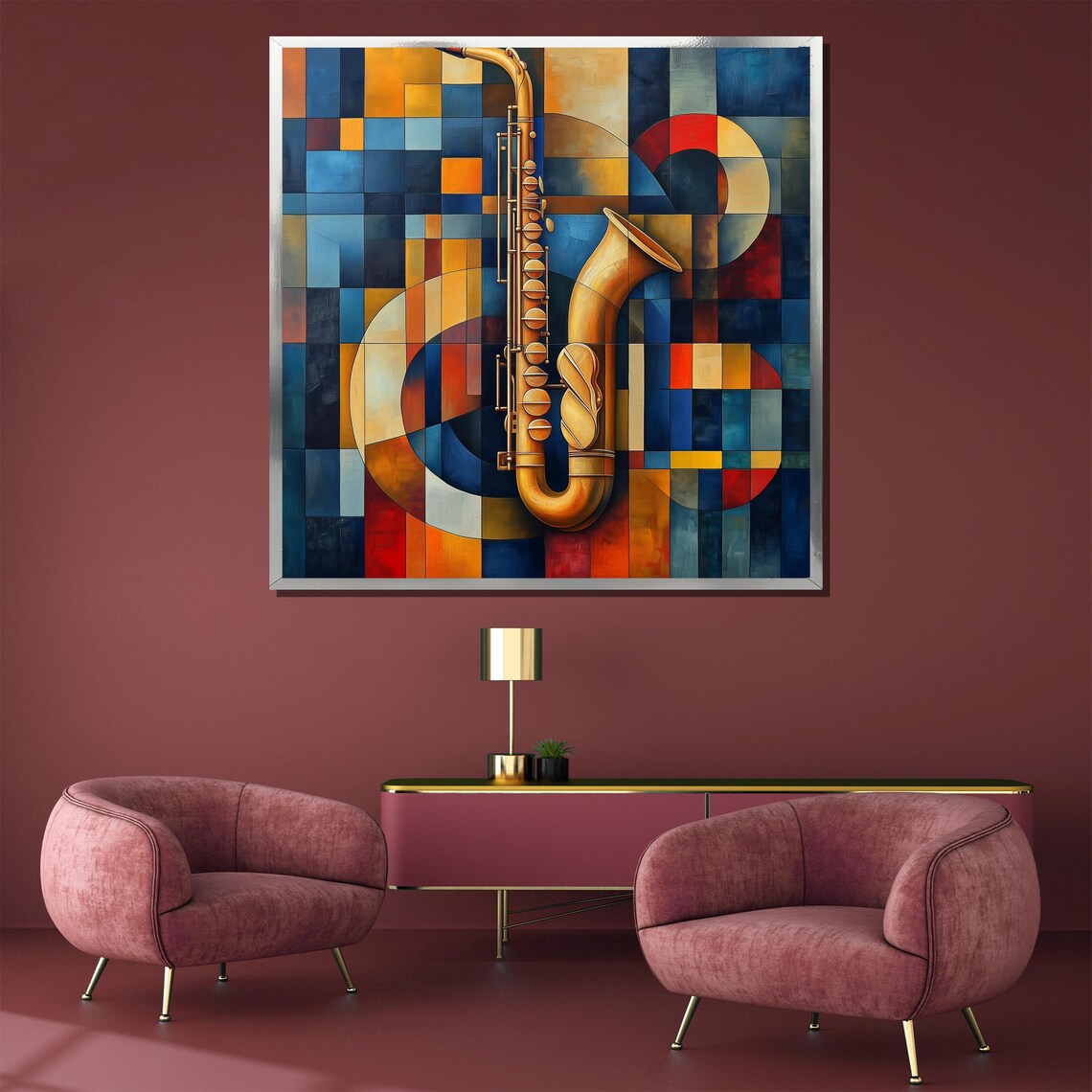 Colorful Geometric Saxophone Painting in Blue and Gold Poster - Image 3