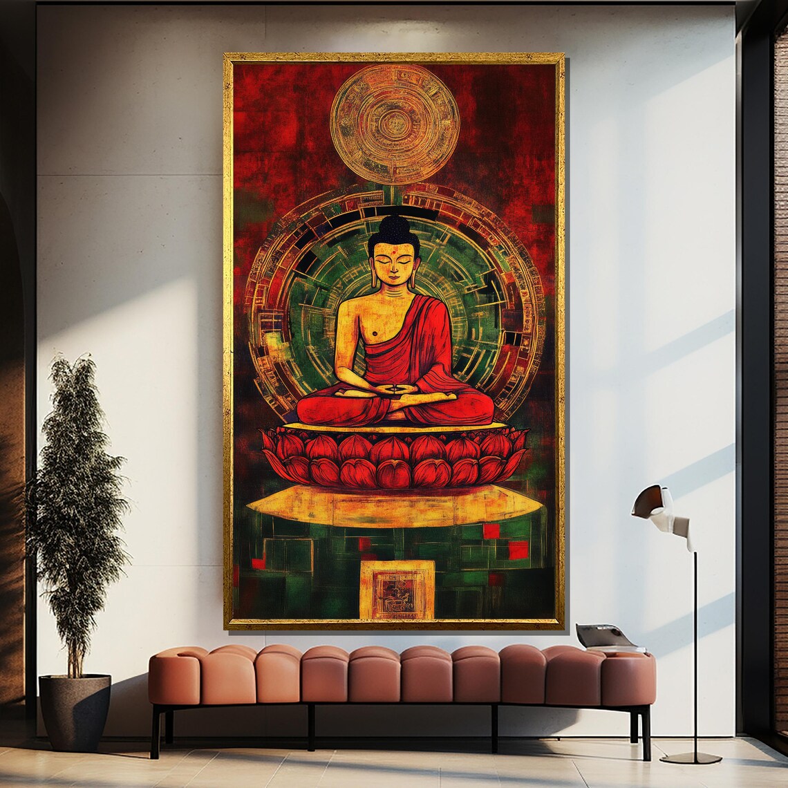 Red Robed Buddha on Lotus With Gold Mandala Spiritual Poster