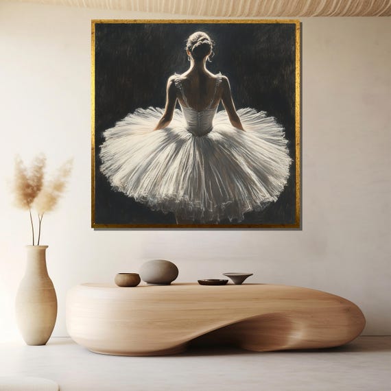 Elegant Ballerina Wall Art White Tutu Dance Painting Framed And Ready To Hang Graceful Ballet Decor For Home Or Studio