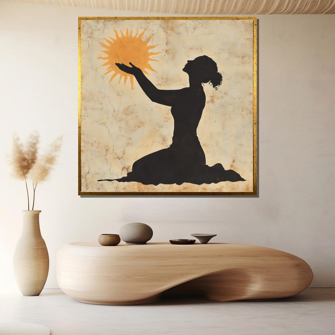 Kneeling Silhouette Woman Cradling A Radiant Golden Sun Poster