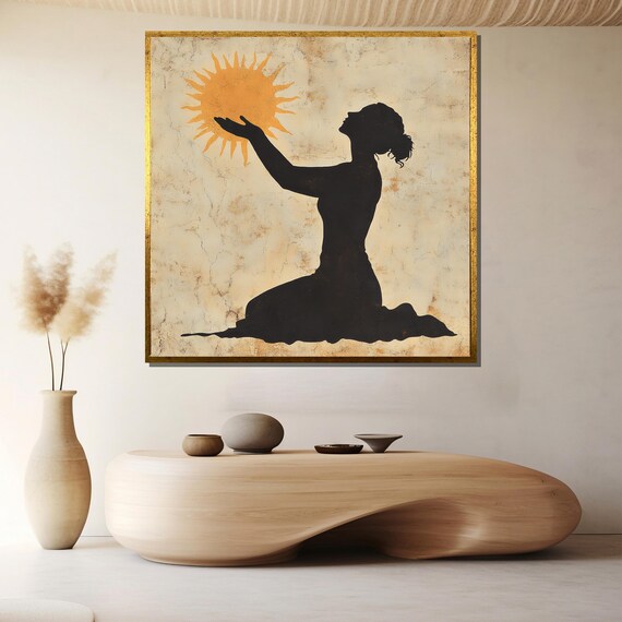 Kneeling Silhouette Woman Cradling A Radiant Golden Sun Poster