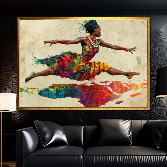 Dynamic African Dancer Art Vibrant Colorful Wall Decor Expressive Movement Painting Framed Artwork Ready To Hang