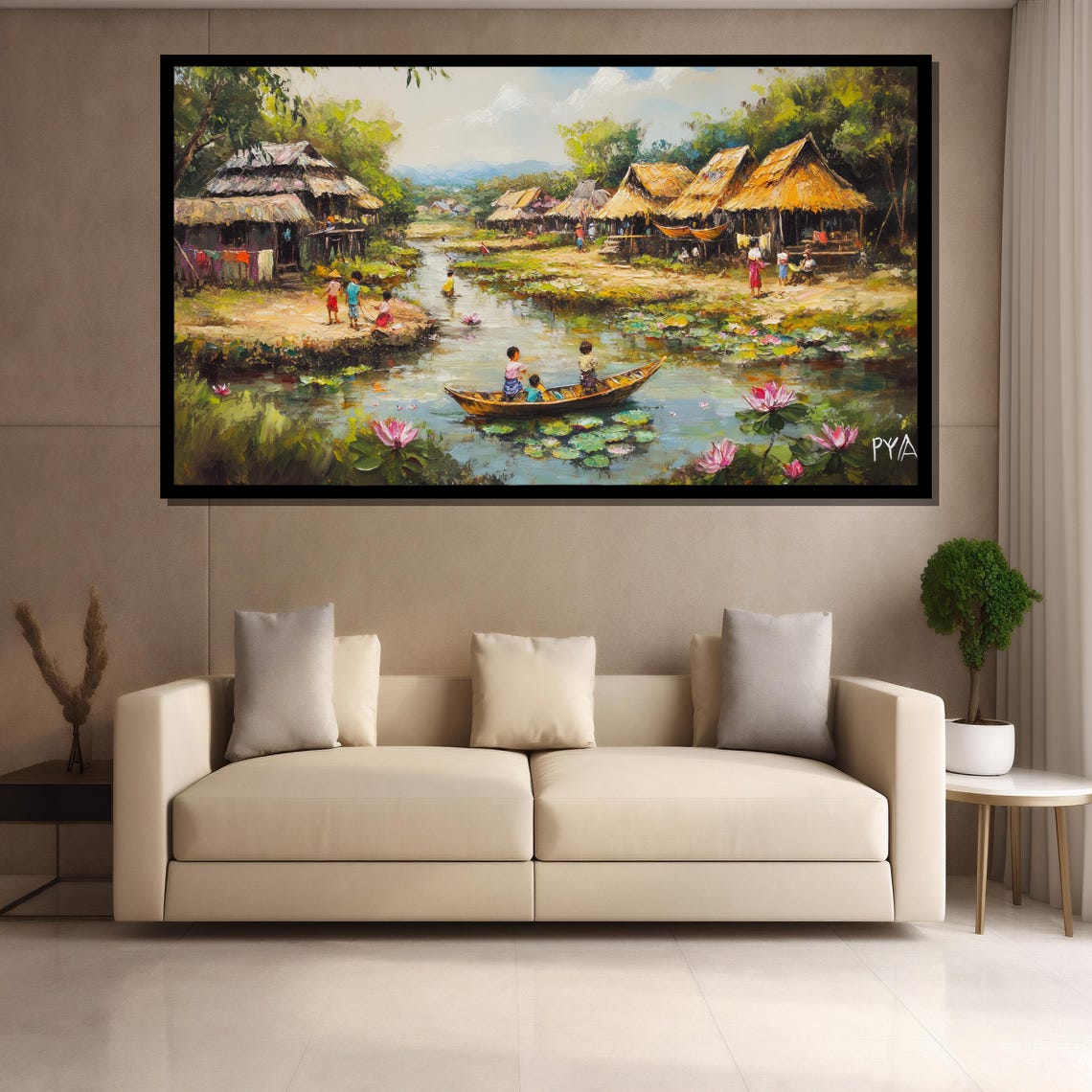 Village Life By The River Lotus Blossoms Thatched Huts Poster - Image 4