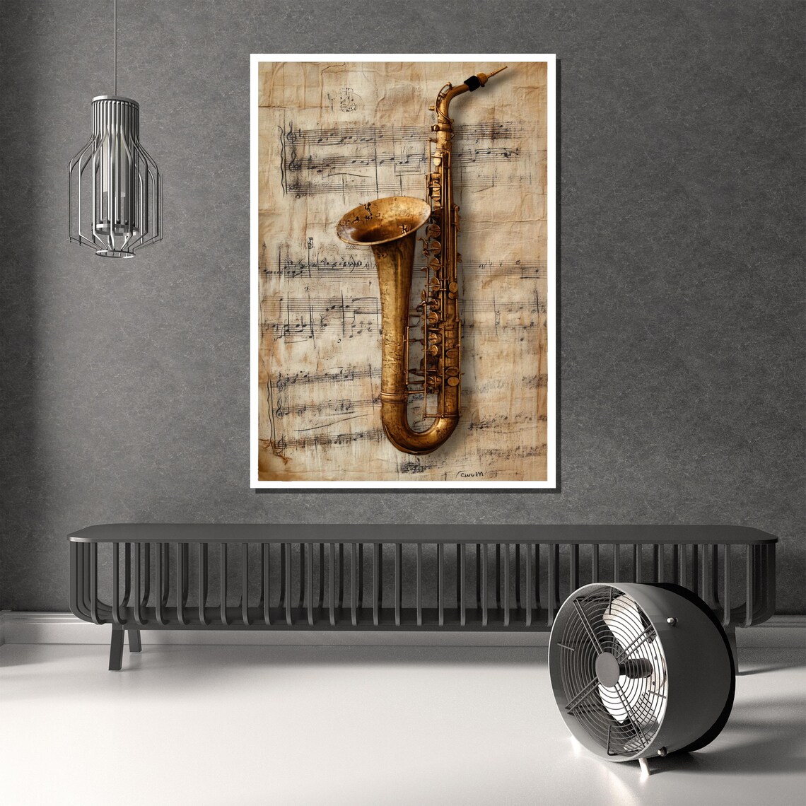 Classic Antique Golden Saxophone on Weathered Sheet Music Poster - Image 2
