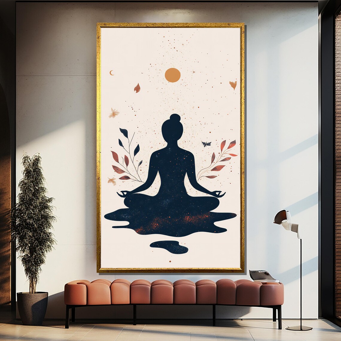Minimalist Navy Yoga Meditation Silhouette Botanical Zen Poster