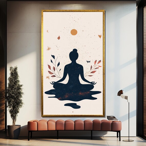 Minimalist Navy Yoga Meditation Silhouette Botanical Zen Poster