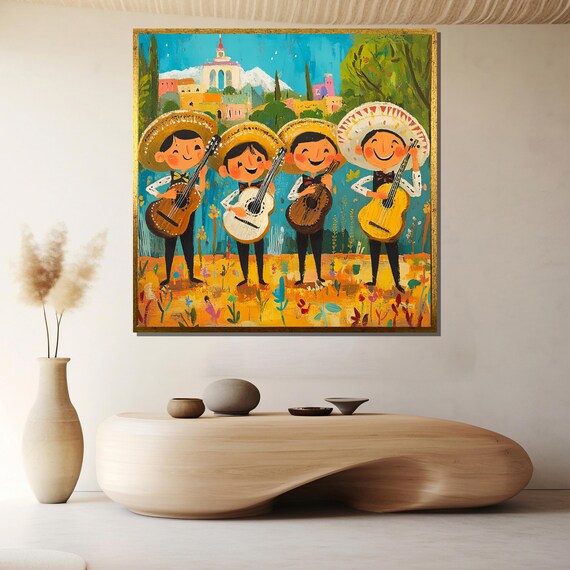 Cheerful Mariachi Kids Band in Sombreros Folk Style Festive Poster