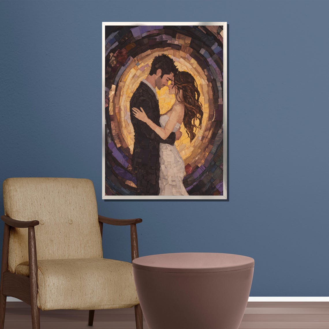 Romantic Mosaic Tile Couple Embrace With Golden Halo Circle Poster - Image 5