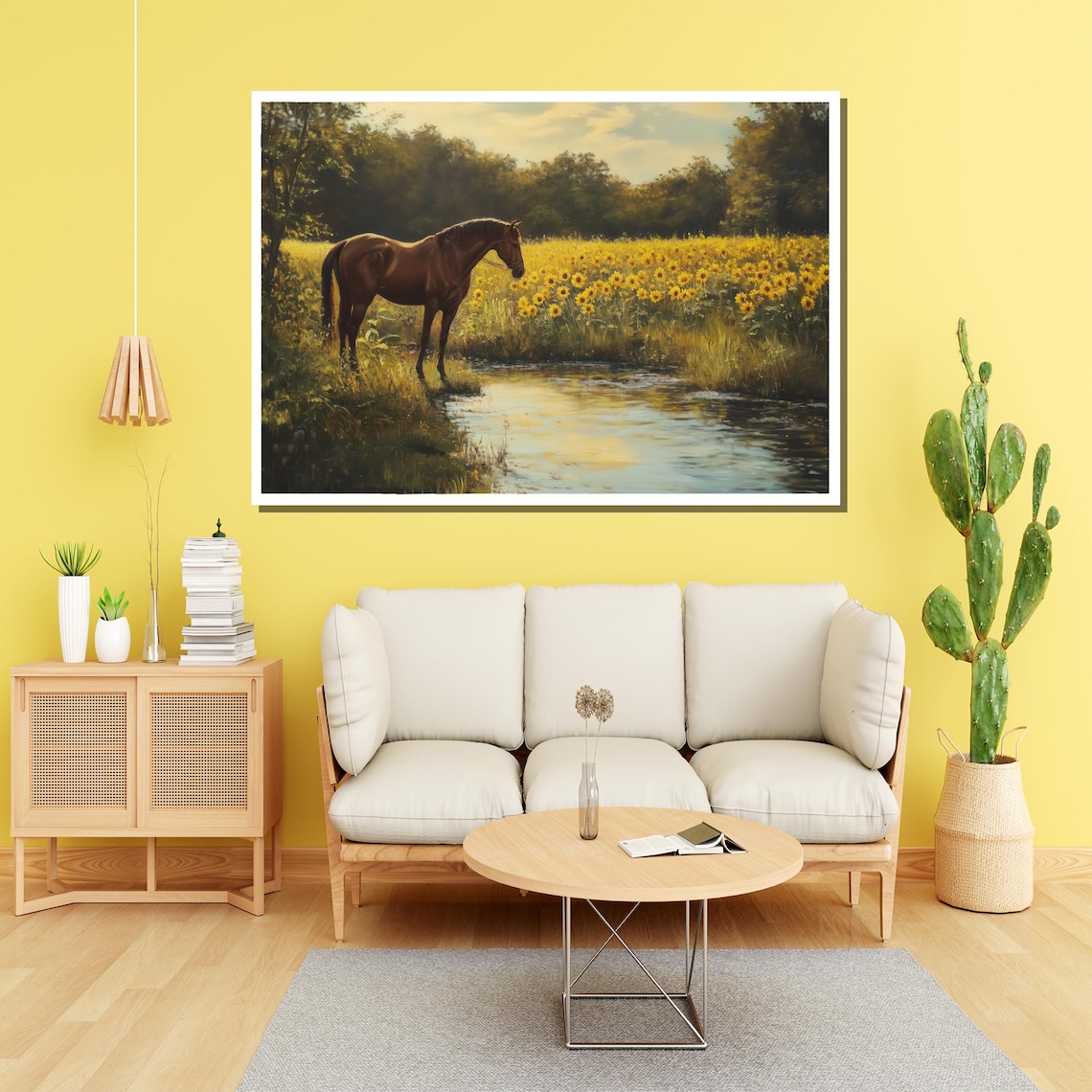 Horse Grazing by a Sunflower Field Near a Quiet Stream Poster - Image 2