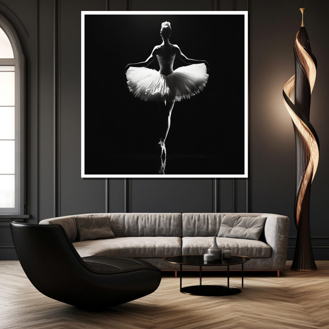 Minimalist Ballerina Silhouette in a White Tutu on Black Poster - Image 2