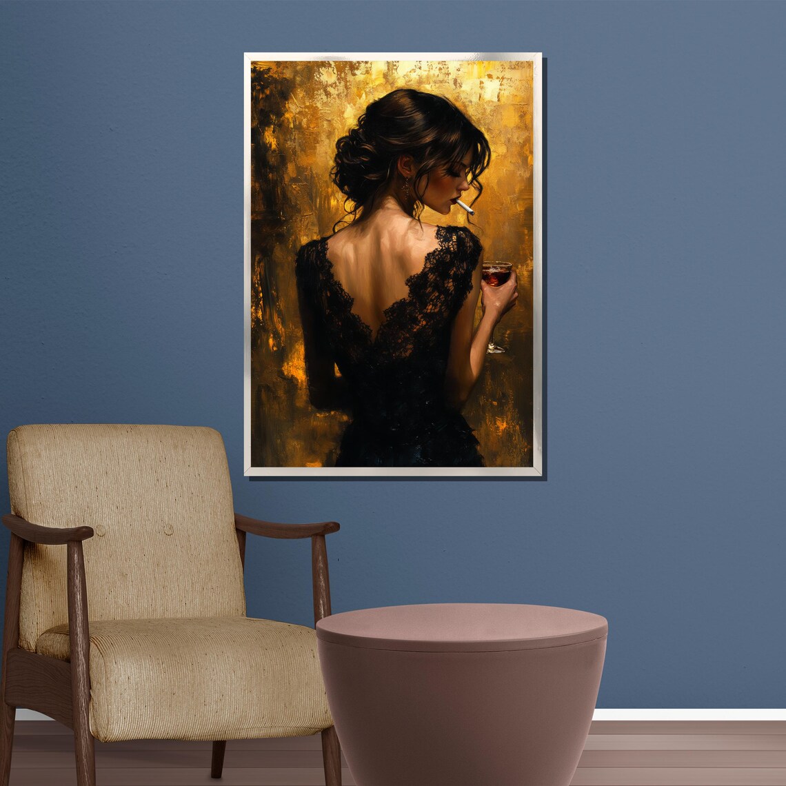 Elegant Woman In Black Lace Dress Holding Wine Golden Night Poster - Image 4